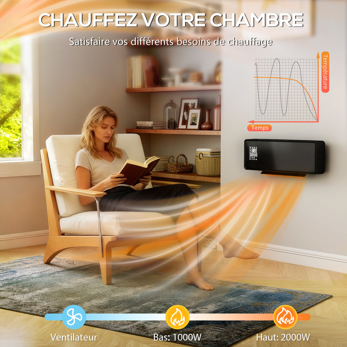 Chauffage Mural Céramique 2000W – Radiateur Électrique avec Thermostat et Minuterie
