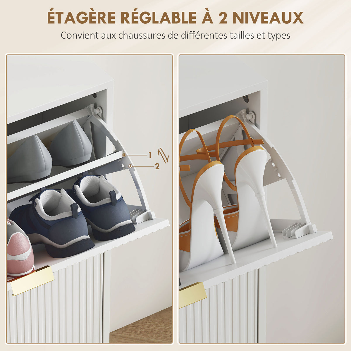 Meuble à chaussures 20 paires avec 4 tiroirs rabattables, portes cannelées et étagères réglables, 105x24x91,5cm, blanc