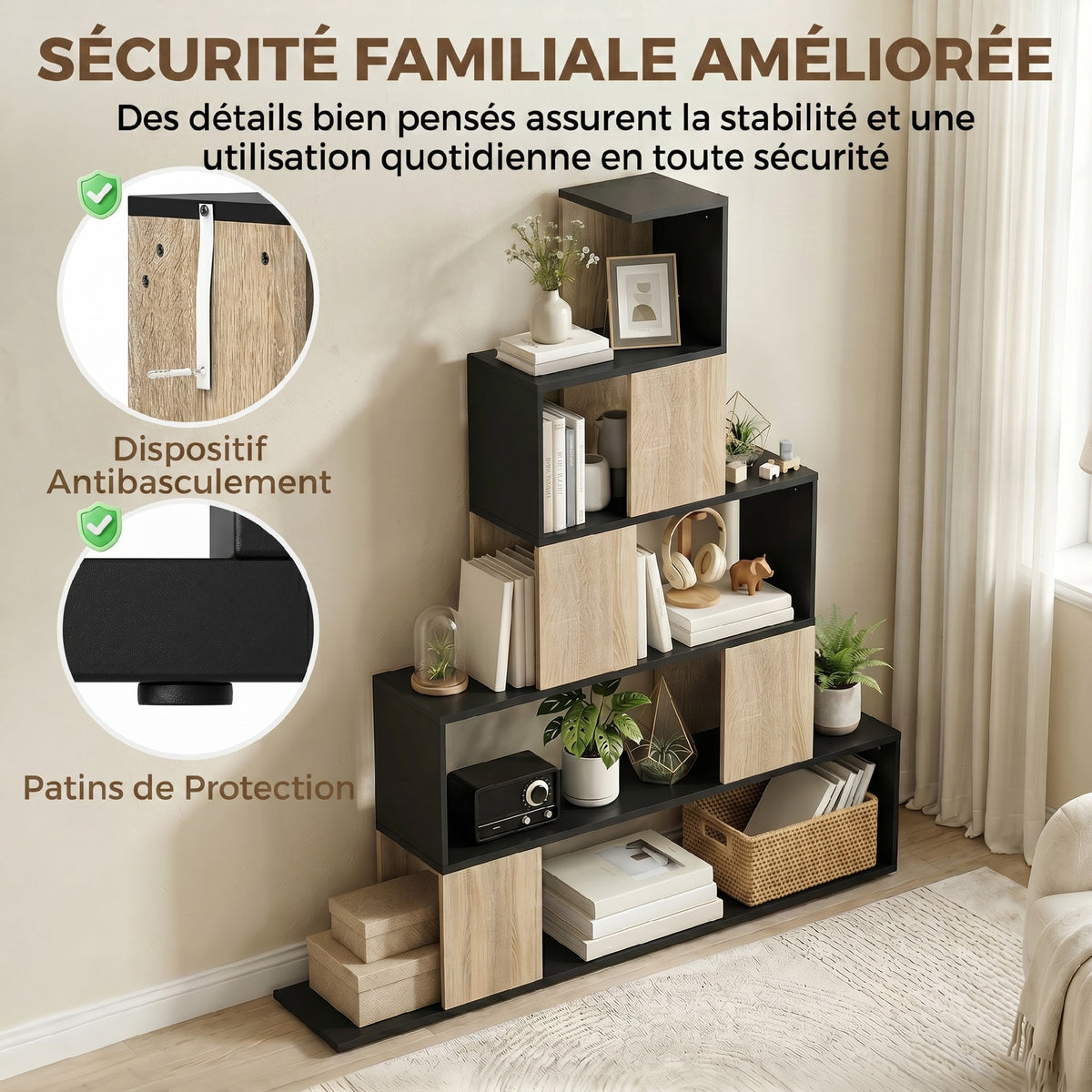 Étagère de rangement, bibliothèque géométrique à 5 niveaux, pour bureau, salon, chambre, noir et bois naturel