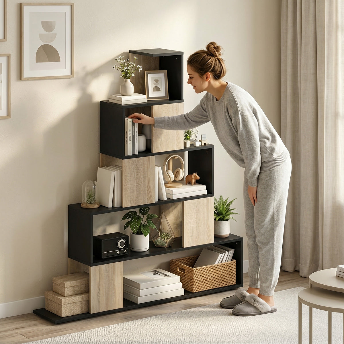 Étagère de rangement, bibliothèque géométrique à 5 niveaux, pour bureau, salon, chambre, noir et bois naturel