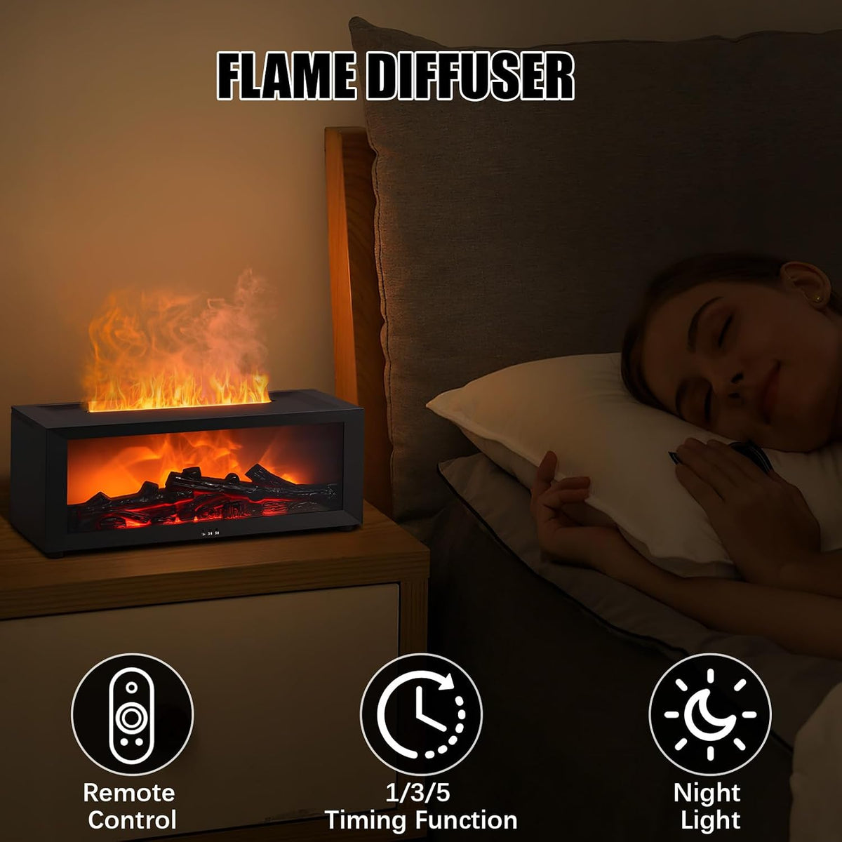 Diffuseur d'Huiles Essentielles Effet Cheminée 3D – 7 Flammes LED & Télécommande