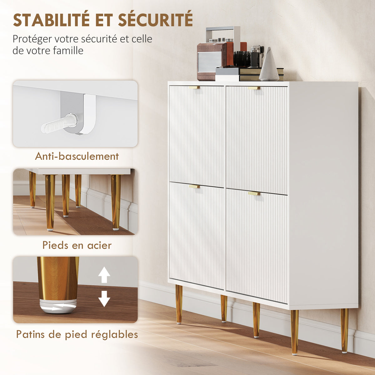 Meuble à chaussures 20 paires avec 4 tiroirs rabattables, portes cannelées et étagères réglables, 105x24x91,5cm, blanc