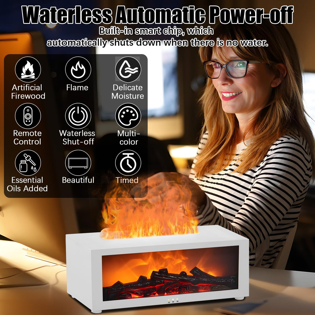 Diffuseur d'Huiles Essentielles Effet Cheminée 3D – 7 Flammes LED & Télécommande