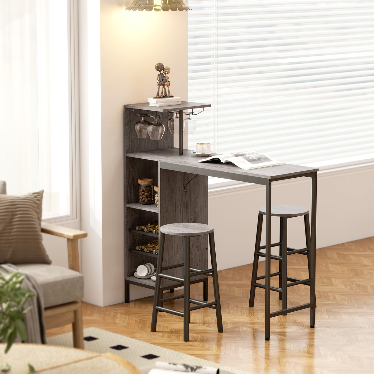 Ensemble table de bar avec tabourets, table à manger debout avec 2 chaises de bar étagères, casiers à vin, bois naturel
