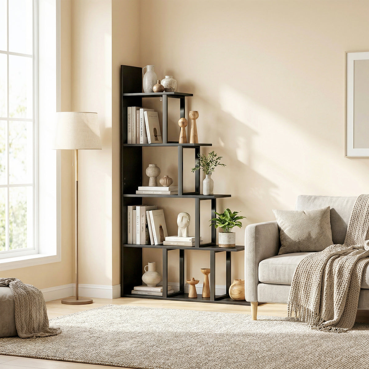 Étagère bibliothèque séparateur de pièce style industriel en escalier 5 étagères 102 x 30 x 160 cm coloris noir