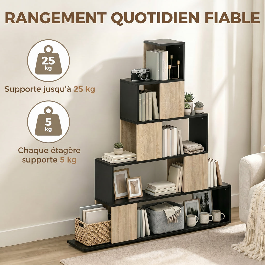 Étagère de rangement, bibliothèque géométrique à 5 niveaux, pour bureau, salon, chambre, noir et bois naturel