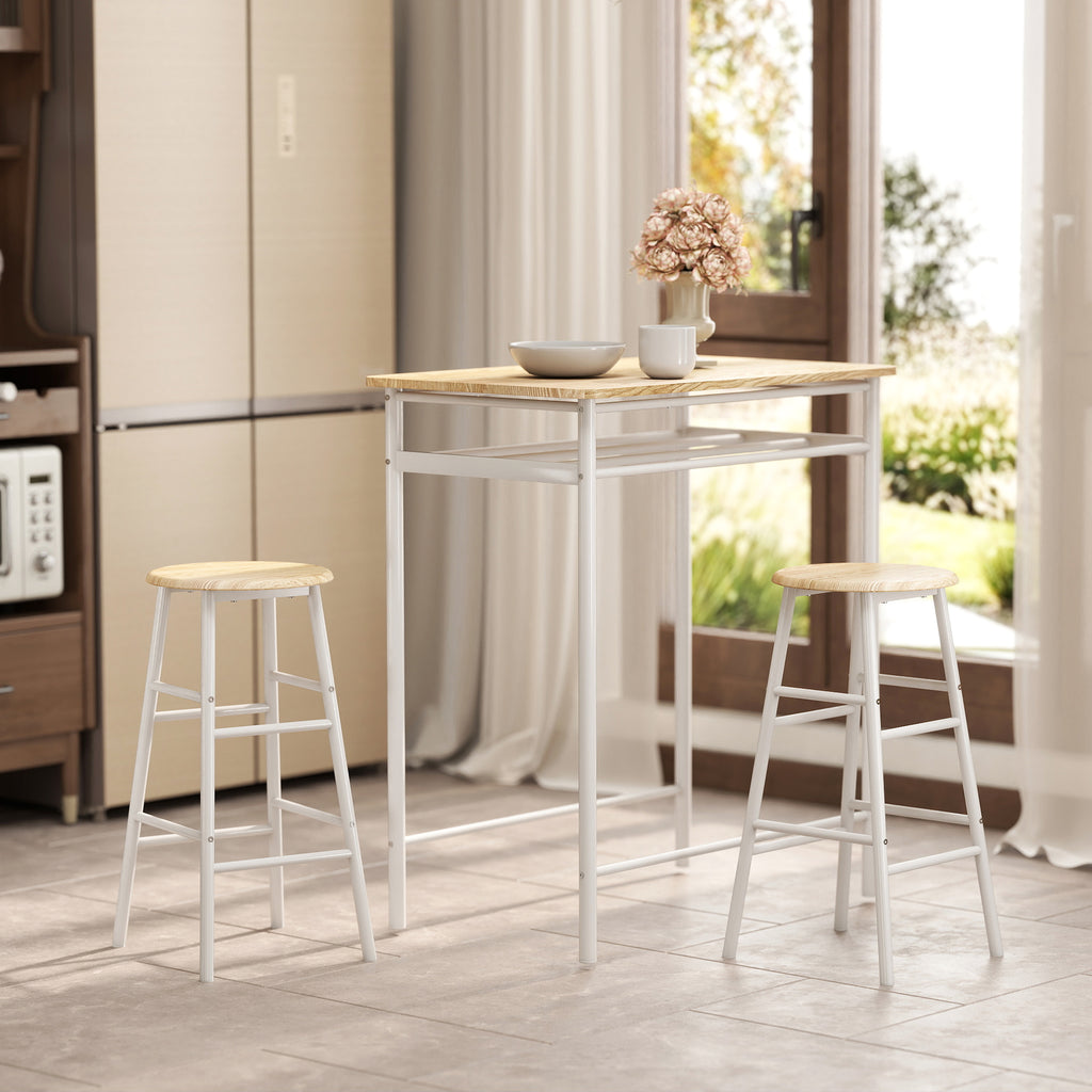 Ensemble table de bar avec tabourets, table à manger debout avec 2 chaises, étagère et pieds en métal, 80x50x90cm, blanc