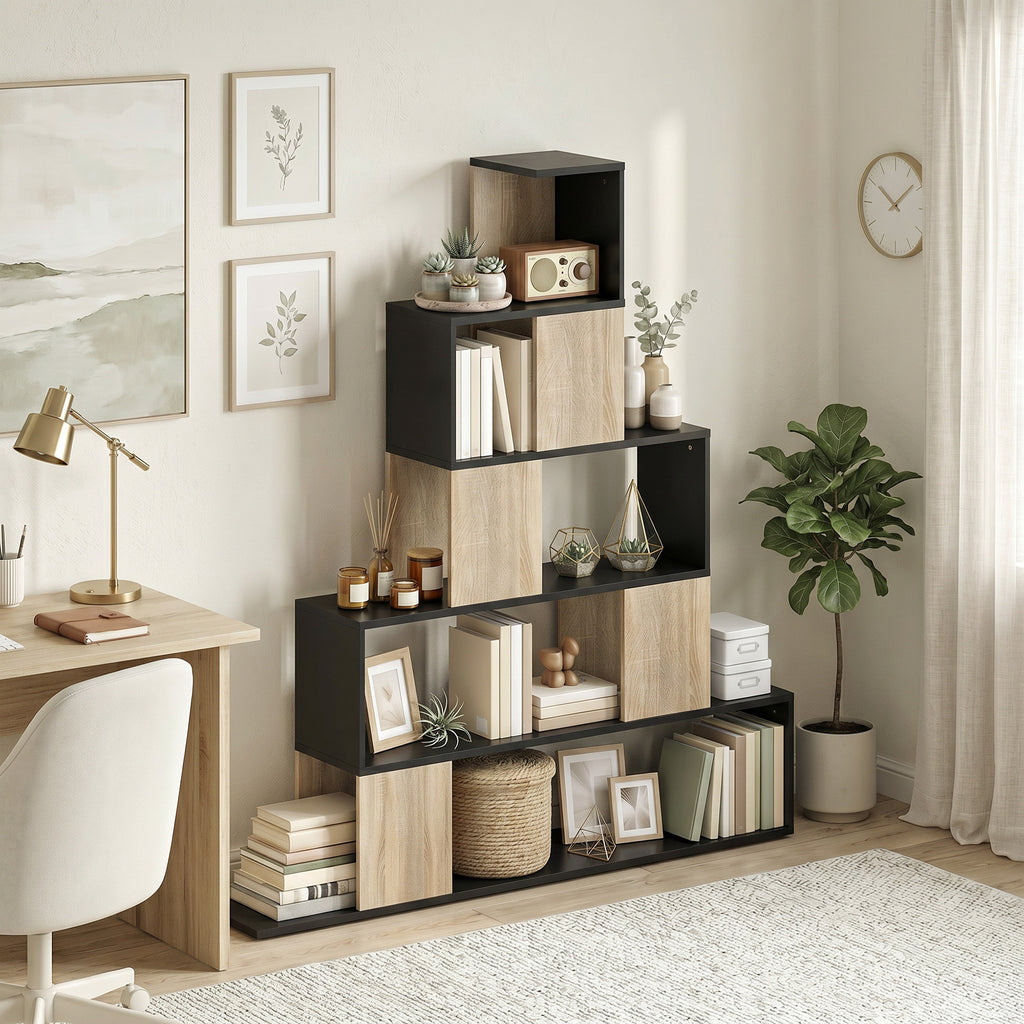 Étagère de rangement, bibliothèque géométrique à 5 niveaux, pour bureau, salon, chambre, noir et bois naturel