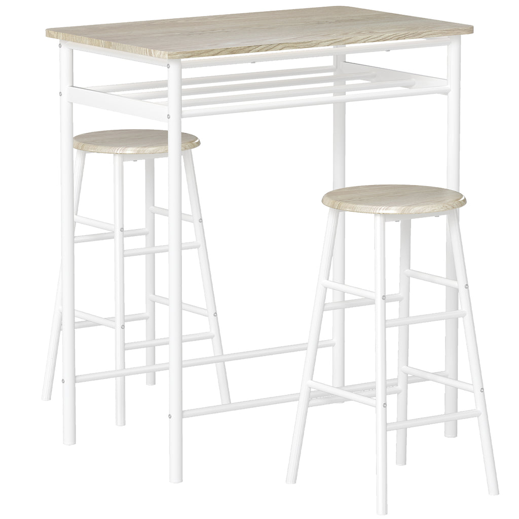 Ensemble table de bar avec tabourets, table à manger debout avec 2 chaises, étagère et pieds en métal, 80x50x90cm, blanc