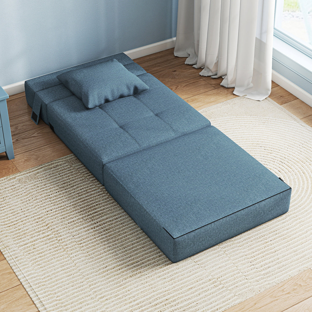 Chauffeuse canapé-lit convertible fauteuil 1 place avec 1 coussin déhoussable, tissu bleu foncé