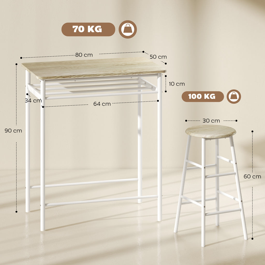 Ensemble table de bar avec tabourets, table à manger debout avec 2 chaises, étagère et pieds en métal, 80x50x90cm, blanc