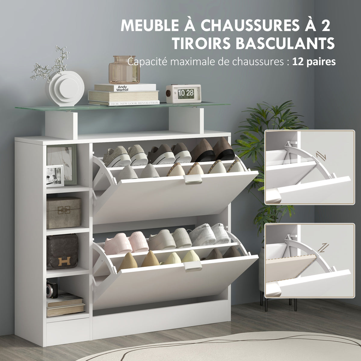 Meuble à chaussures avec 2 tiroirs rabattables 12 paires, plateau en verre et étagères réglables, 89 x 25 x 92 cm, blanc