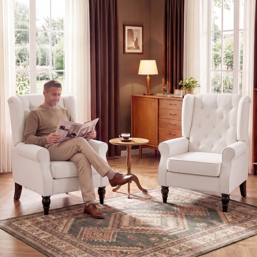 Fauteuil de Salon, Fauteuil d'Appoint Mi-Siècle Moderne en Flanelle Neige avec Haut Dossier Capitonné à Oreilles, Crème