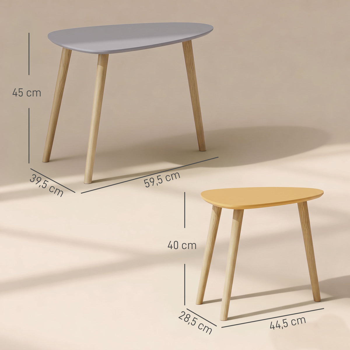 Lot de 2 tables basses gigognes design scandinave pieds en bois et plateau en bois, gris et jaune
