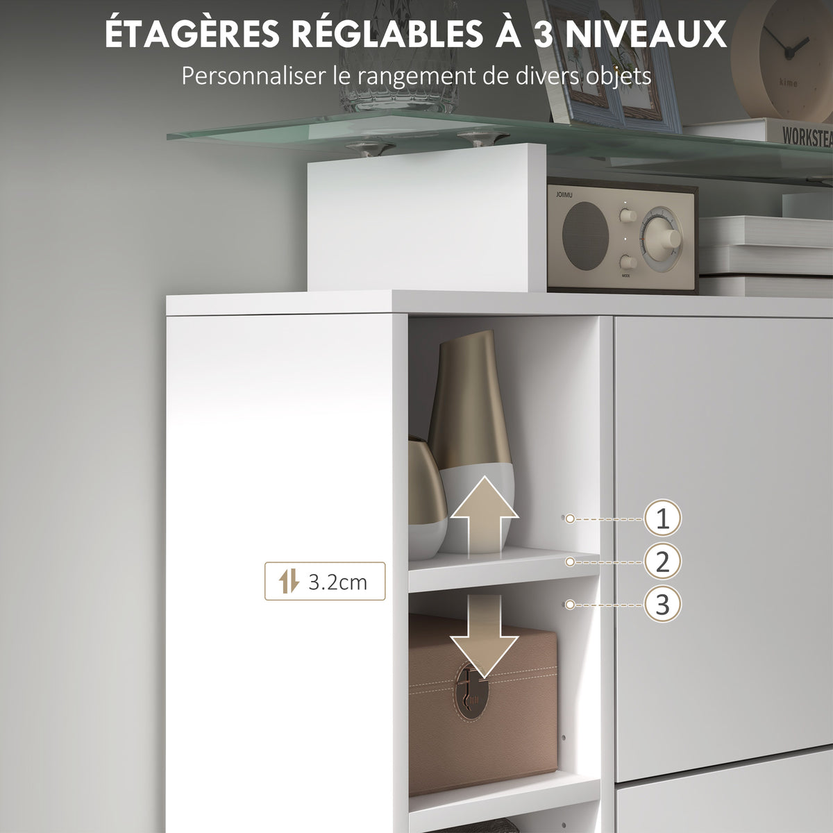 Meuble à chaussures avec 2 tiroirs rabattables 12 paires, plateau en verre et étagères réglables, 89 x 25 x 92 cm, blanc