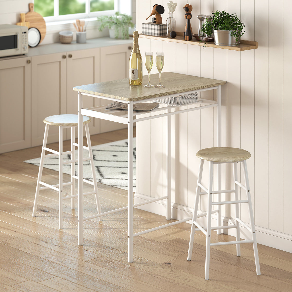 Ensemble table de bar avec tabourets, table à manger debout avec 2 chaises, étagère et pieds en métal, 80x50x90cm, blanc