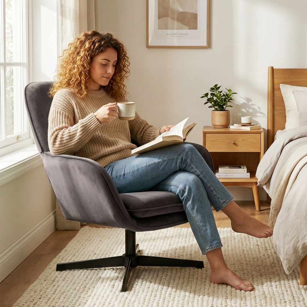 Fauteuil salon, fauteuil d'appoint rembourré en velours avec large assise, coussin et structure en métal, gris foncé