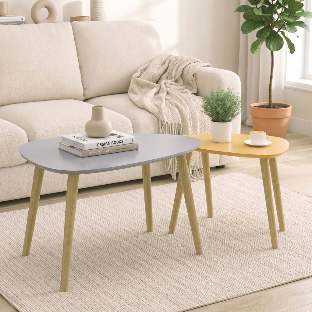 Lot de 2 tables basses gigognes design scandinave pieds en bois et plateau en bois, gris et jaune