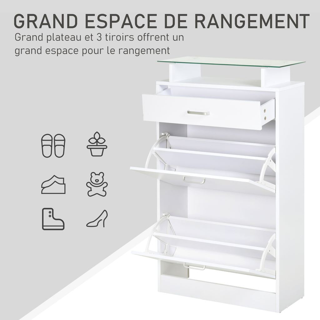 Armoire à Chaussures Meuble rangement Chaussures 2 Portes abattantes 2 Compartiments, tiroir, Plateau en Verre - Bois chêne Blanc