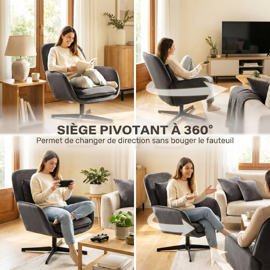Fauteuil salon, fauteuil d'appoint rembourré en velours avec large assise, coussin et structure en métal, gris foncé