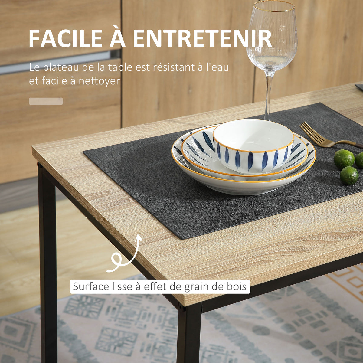 Ensemble Table et chaises de Salle à manger Set de 1 Table + 2 chaises encastrables pour Cuisine - métal Noir Aspect chêne Clair