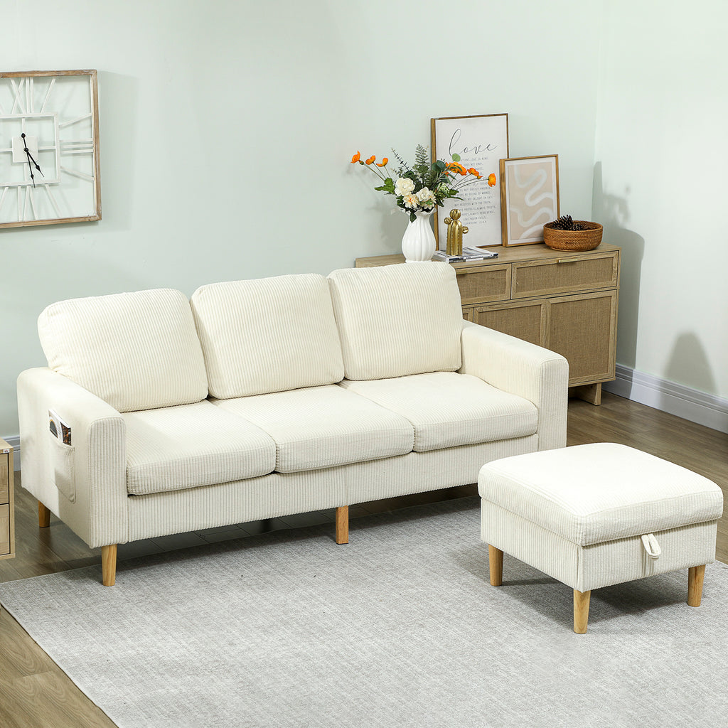 Canapé 3 places avec repose-pieds, canapé en velours côtelé, assise et dossier rembourrés, 192x138x85cm, beige