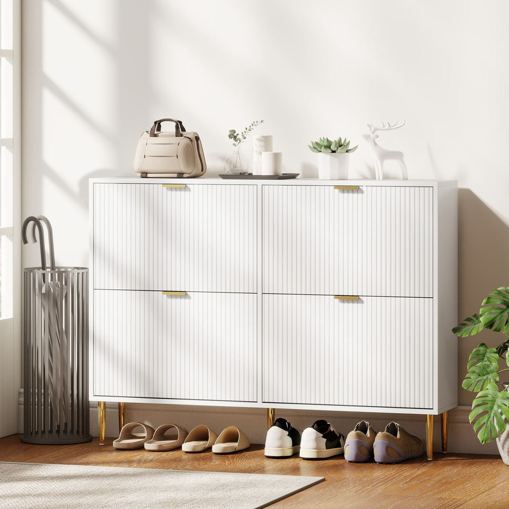 Meuble à chaussures 20 paires avec 4 tiroirs rabattables, portes cannelées et étagères réglables, 105x24x91,5cm, blanc
