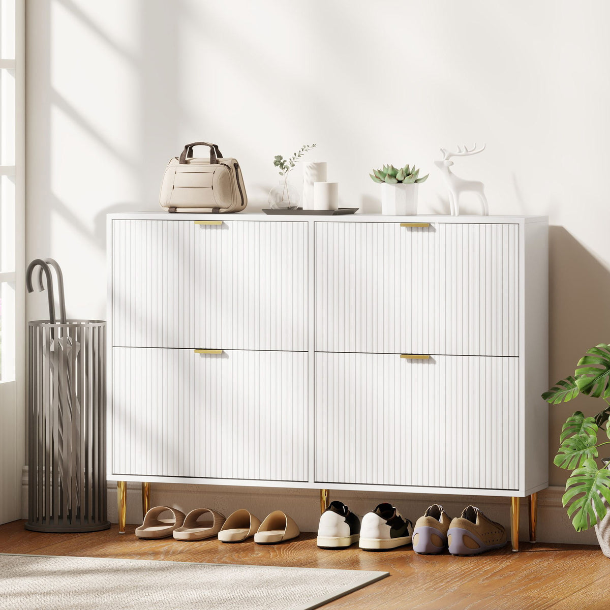 Meuble à chaussures 20 paires avec 4 tiroirs rabattables, portes cannelées et étagères réglables, 105x24x91,5cm, blanc