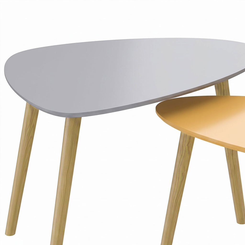 Lot de 2 tables basses gigognes design scandinave pieds en bois et plateau en bois, gris et jaune