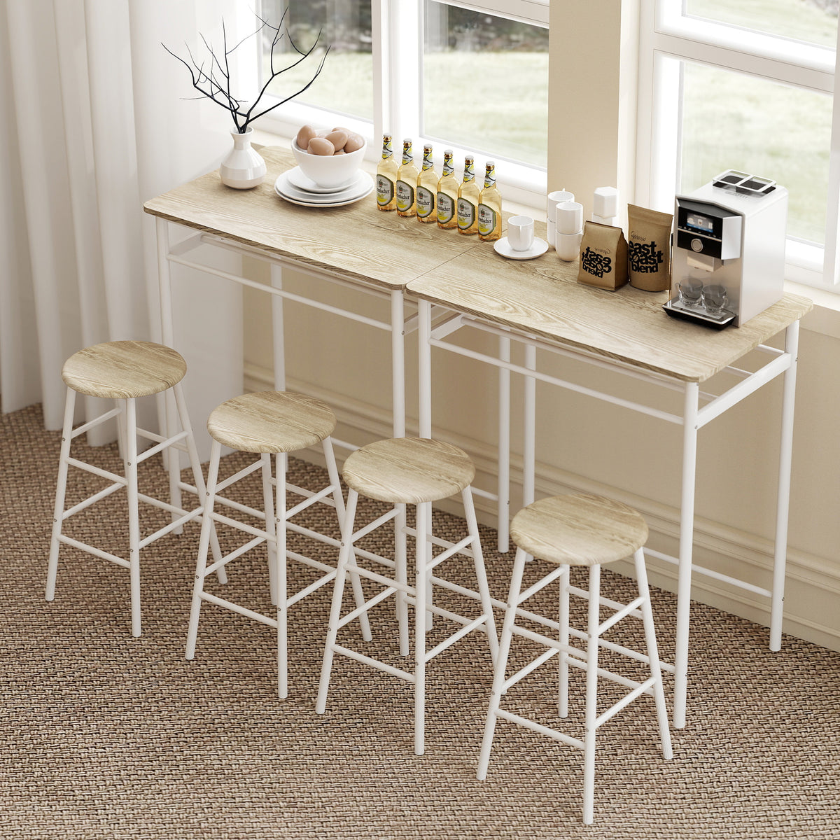 Ensemble table de bar avec tabourets, table à manger debout avec 2 chaises, étagère et pieds en métal, 80x50x90cm, blanc