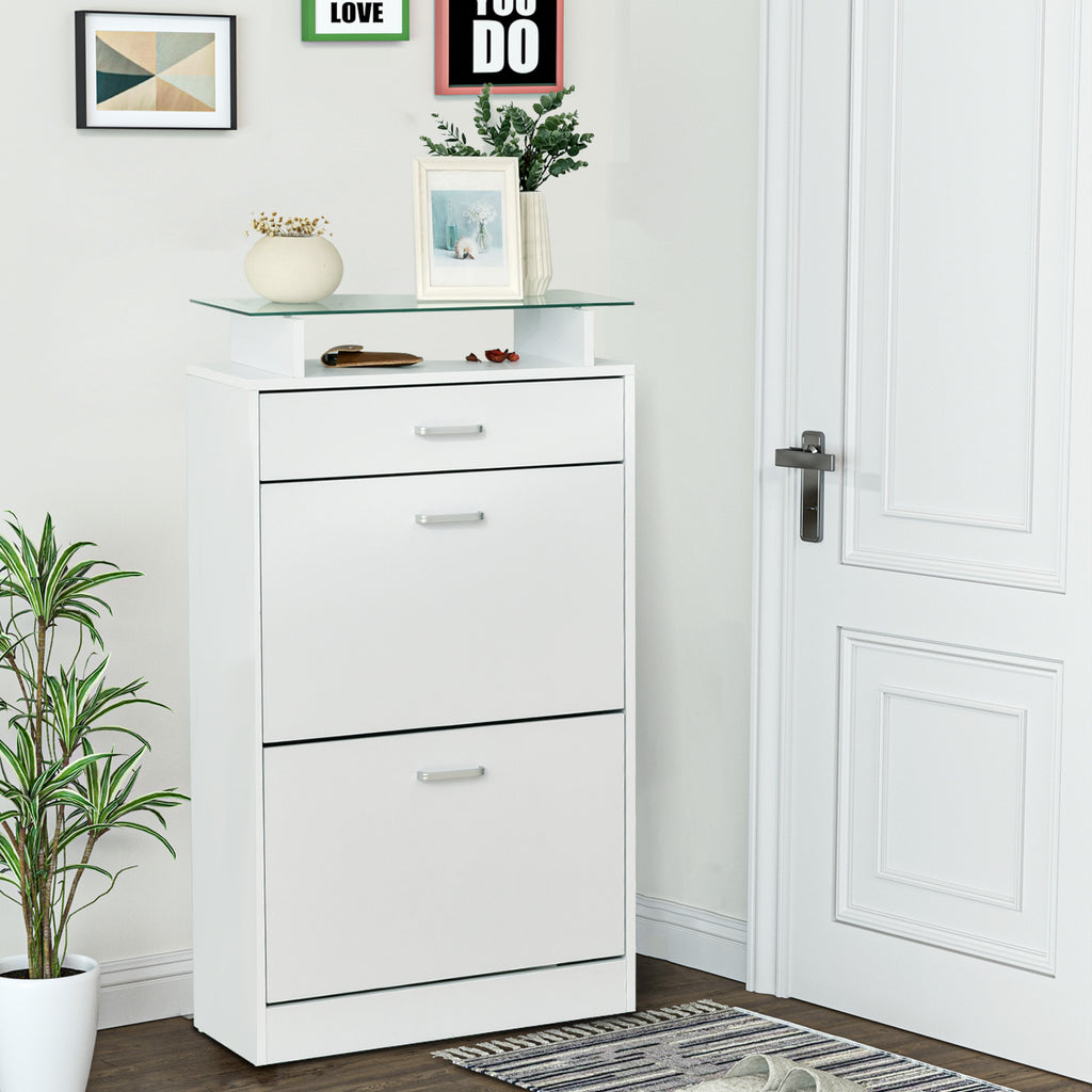 Armoire à Chaussures Meuble rangement Chaussures 2 Portes abattantes 2 Compartiments, tiroir, Plateau en Verre - Bois chêne Blanc