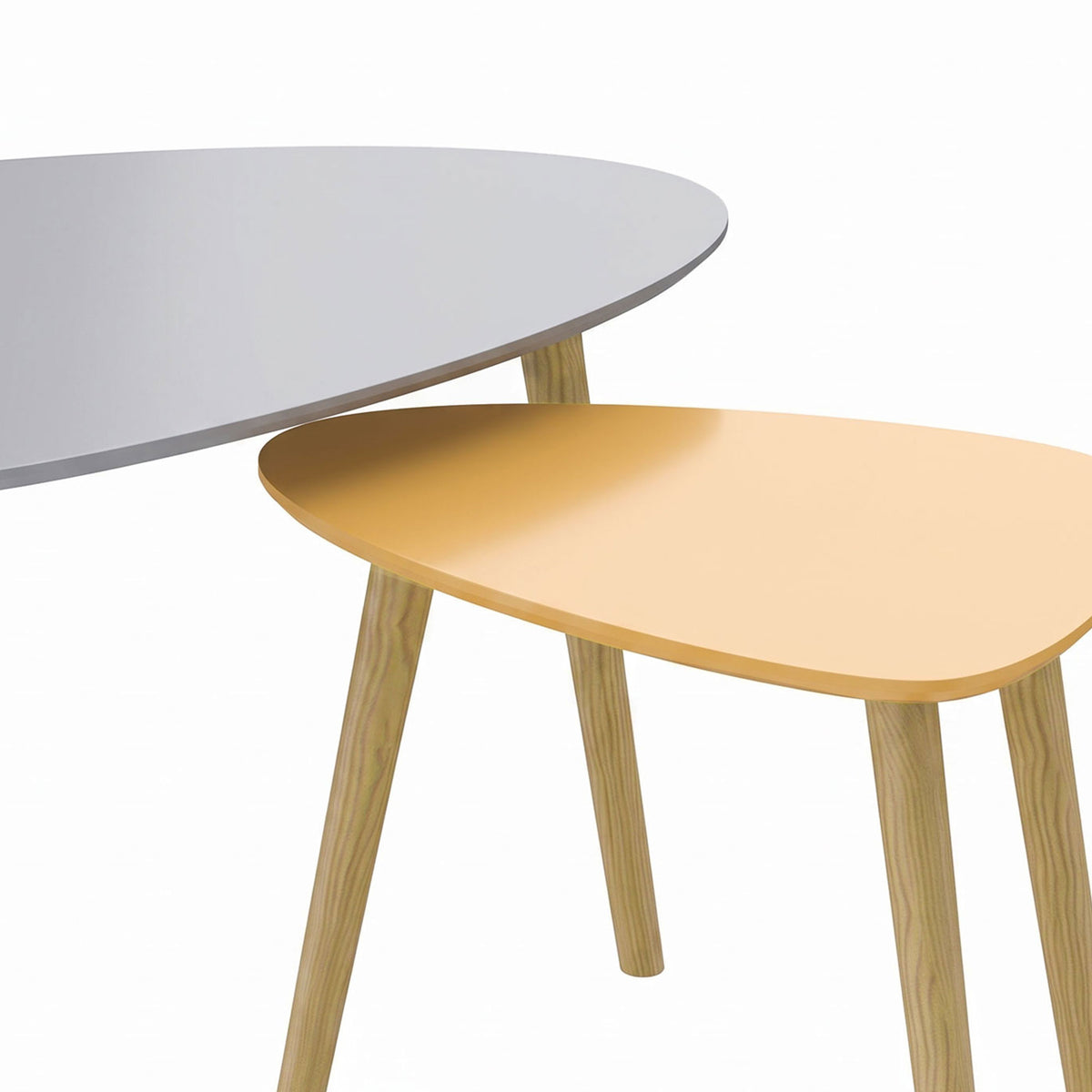 Lot de 2 tables basses gigognes design scandinave pieds en bois et plateau en bois, gris et jaune