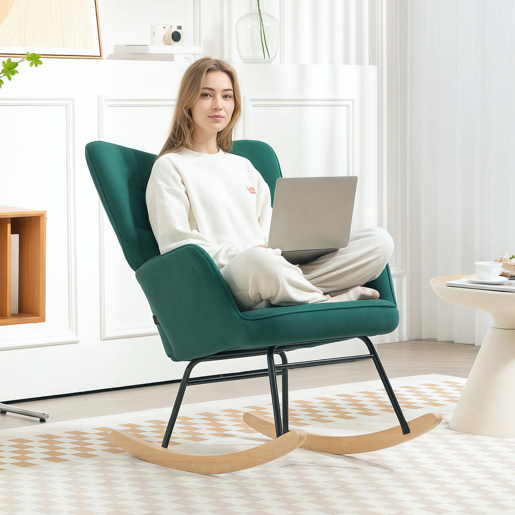 Fauteuil à bascule rocking chair revêtement en velous structure en acier 71 x 98 x 101 cm Vert