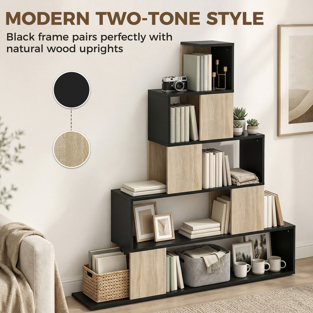Étagère de rangement, bibliothèque géométrique à 5 niveaux, pour bureau, salon, chambre, noir et bois naturel