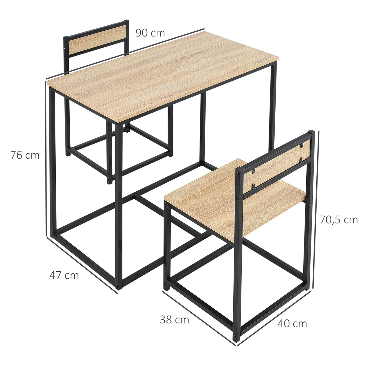 Ensemble Table et chaises de Salle à manger Set de 1 Table + 2 chaises encastrables pour Cuisine - métal Noir Aspect chêne Clair