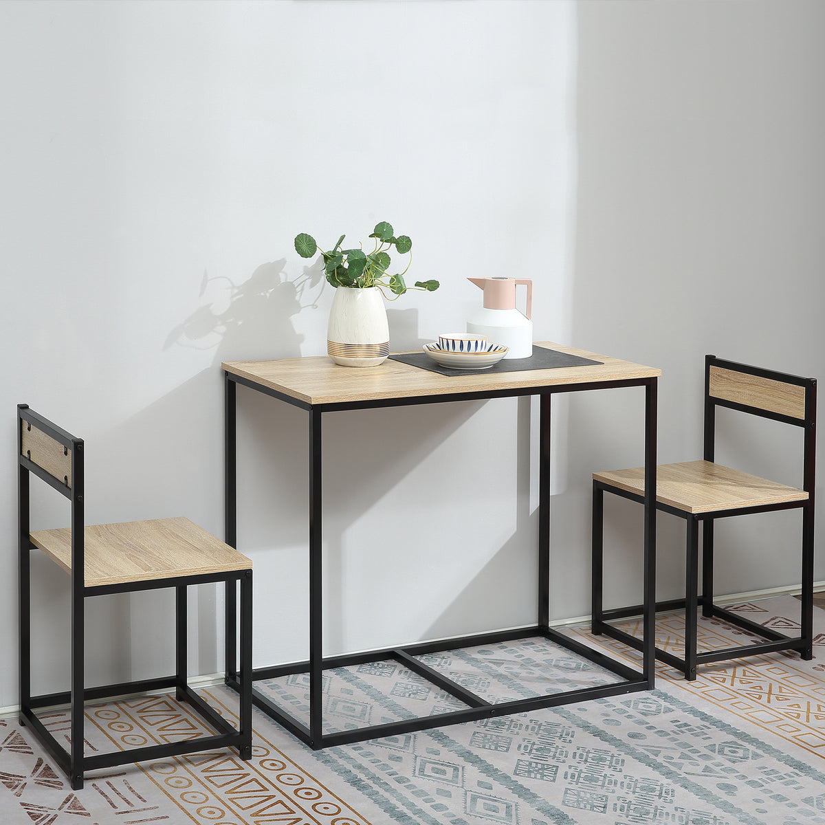 Ensemble Table et chaises de Salle à manger Set de 1 Table + 2 chaises encastrables pour Cuisine - métal Noir Aspect chêne Clair