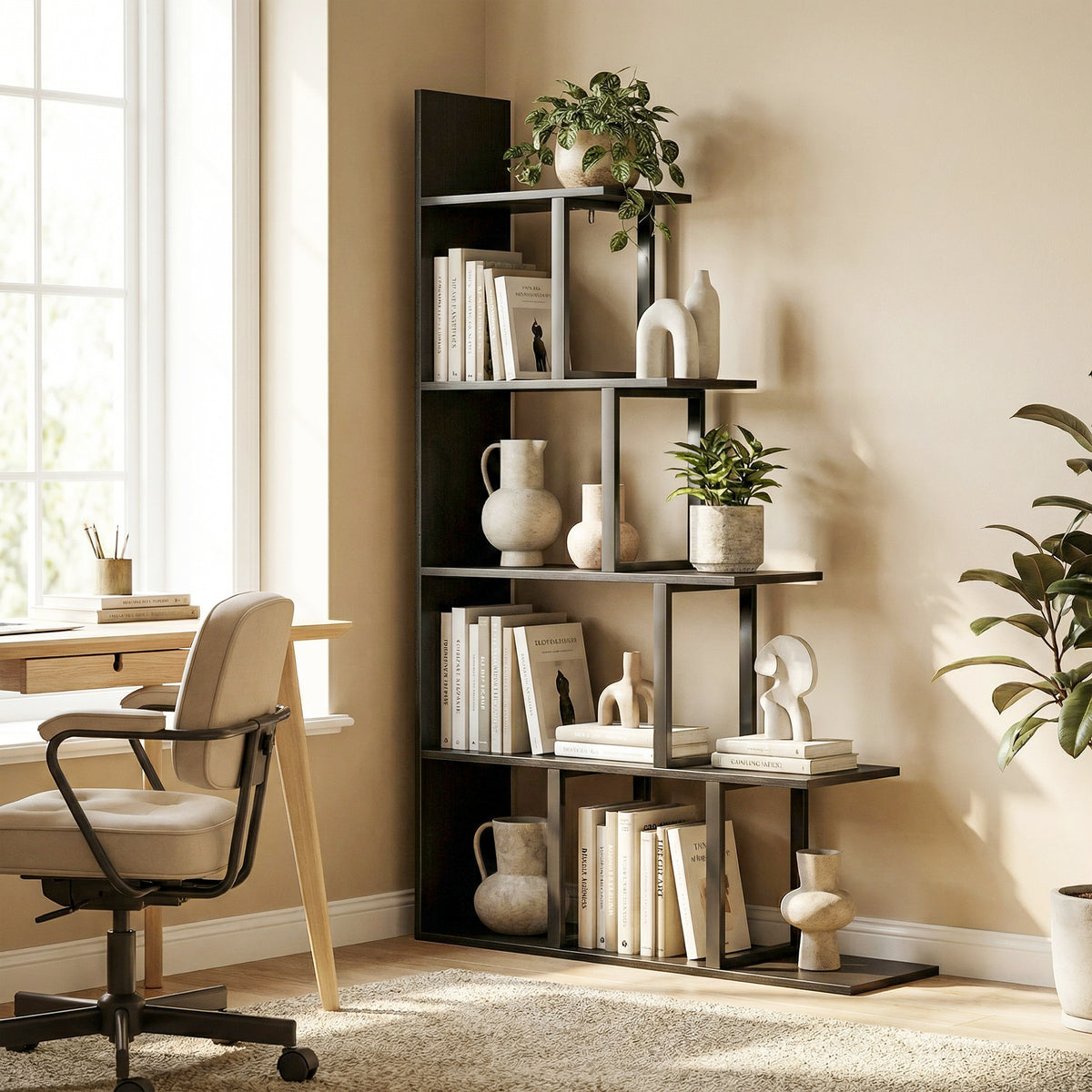 Étagère bibliothèque séparateur de pièce style industriel en escalier 5 étagères 102 x 30 x 160 cm coloris noir