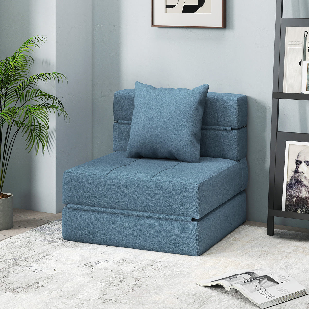 Chauffeuse canapé-lit convertible fauteuil 1 place avec 1 coussin déhoussable, tissu bleu foncé