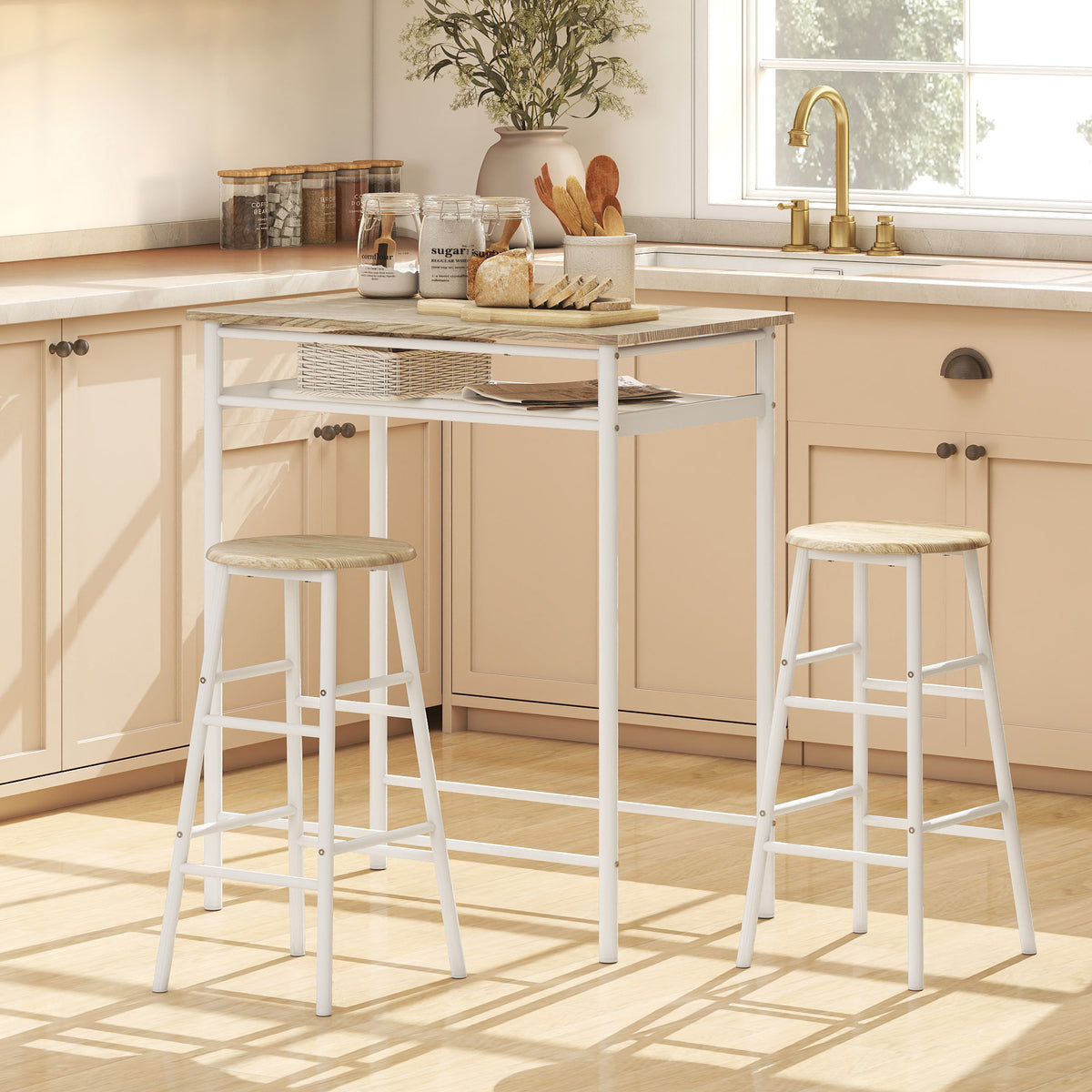 Ensemble table de bar avec tabourets, table à manger debout avec 2 chaises, étagère et pieds en métal, 80x50x90cm, blanc