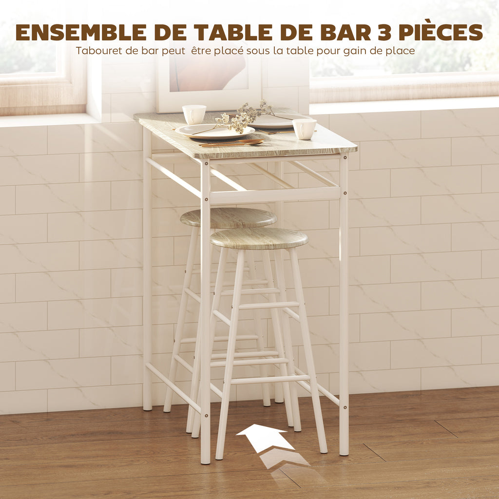 Ensemble table de bar avec tabourets, table à manger debout avec 2 chaises, étagère et pieds en métal, 80x50x90cm, blanc