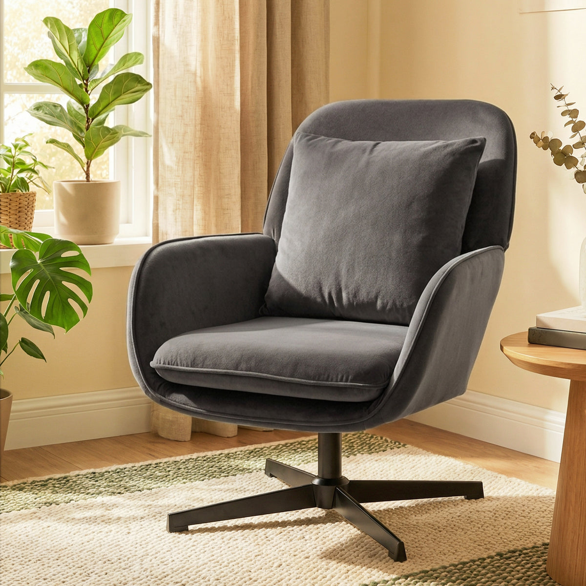 Fauteuil salon, fauteuil d'appoint rembourré en velours avec large assise, coussin et structure en métal, gris foncé